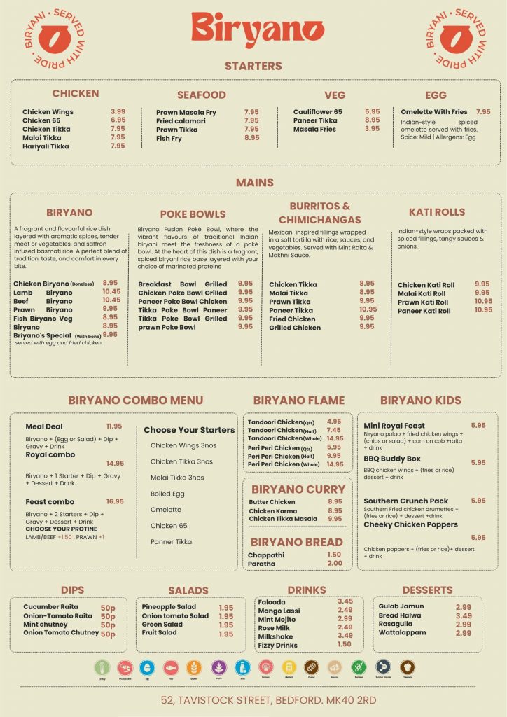 Biryano Bedford Menu